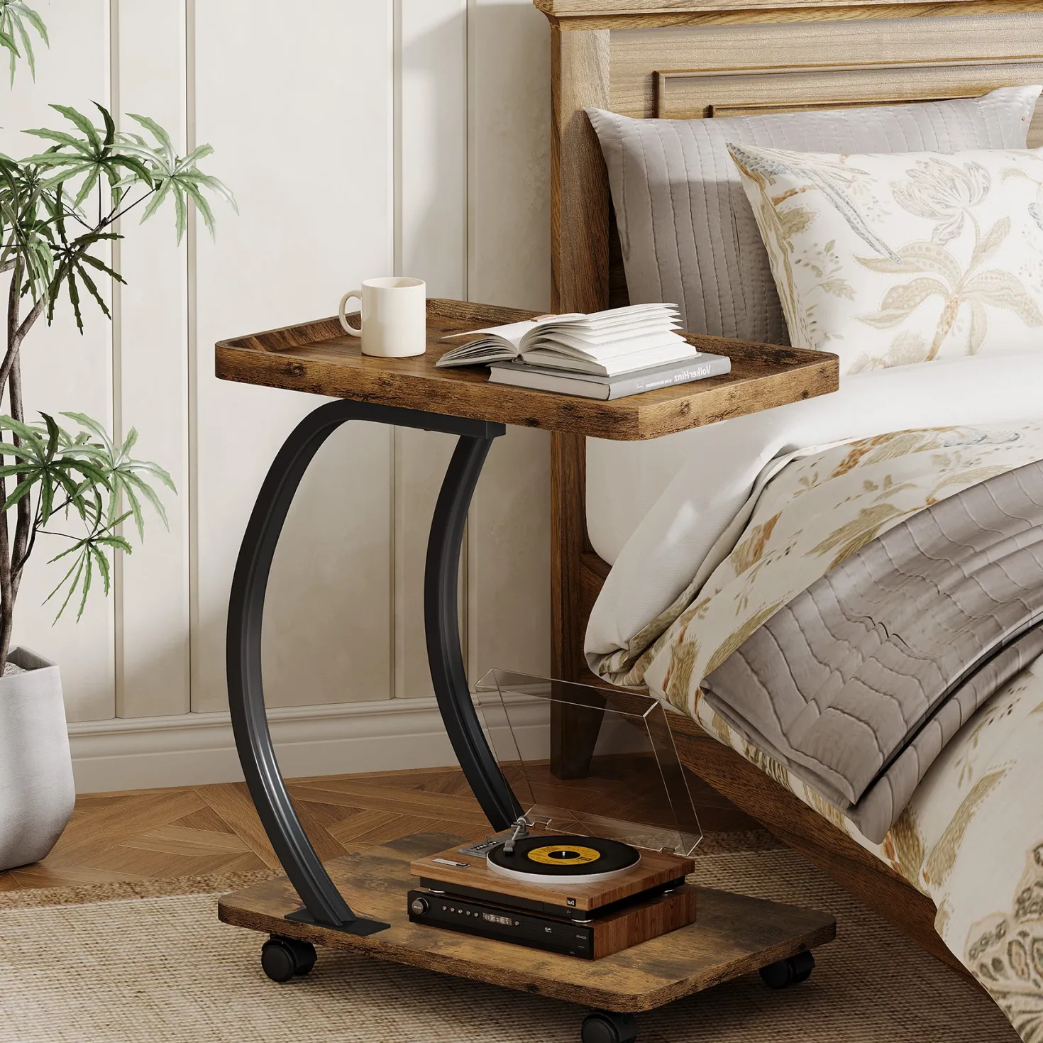 C-Shaped End Table, Industrial 2-Tier Side Table with Wheels