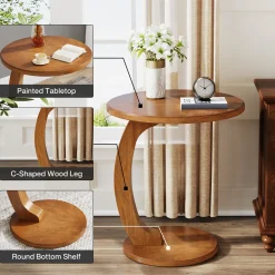C-Shaped End Table, Round Sofa Side Table for Living Room