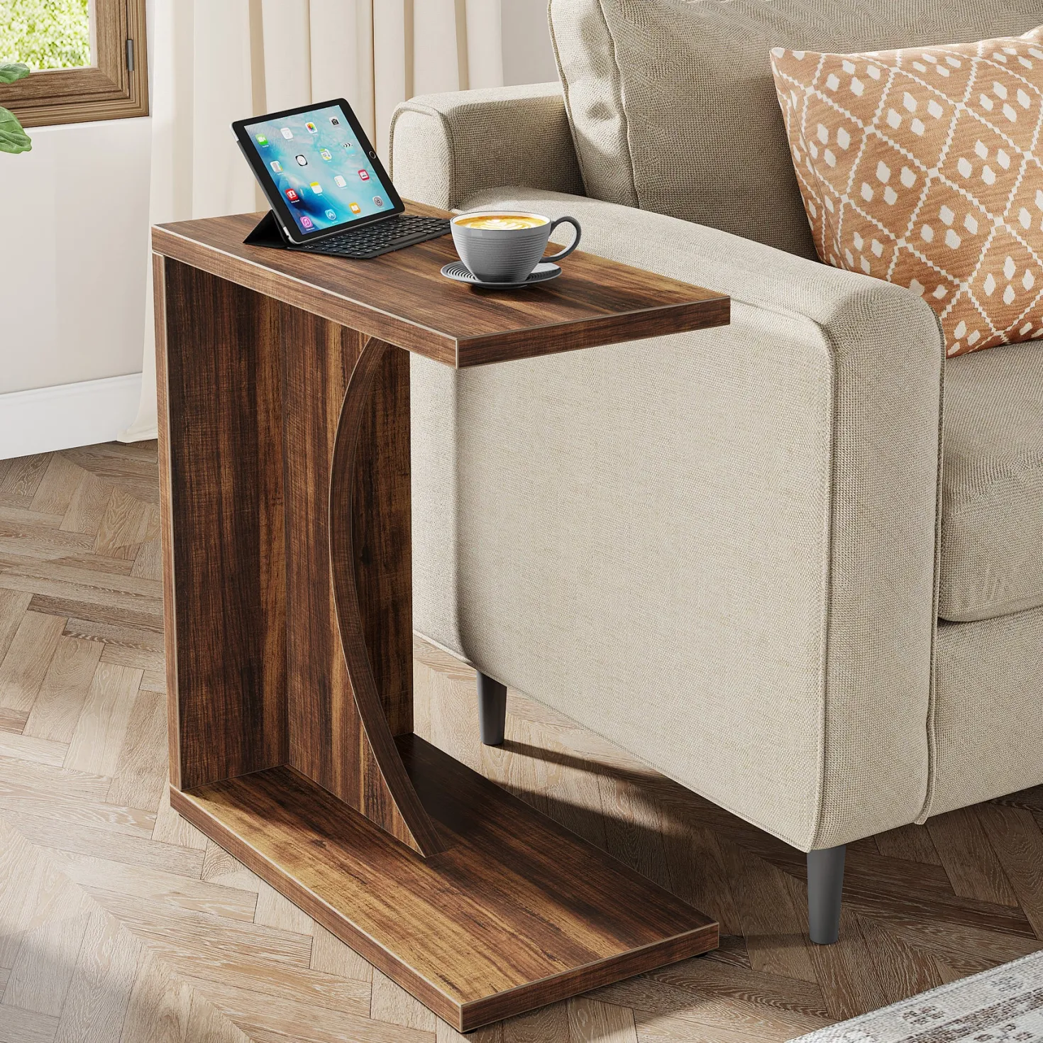 C-Shaped End Table, Sofa Side Table Couch Table for Small Space