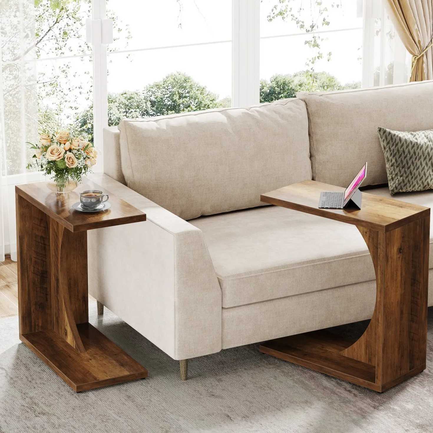 C-Shaped End Table, Sofa Side Table Couch Table for Small Space