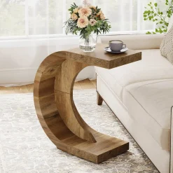 C-Shaped End Table, Wood Side Table for Couch Sofa
