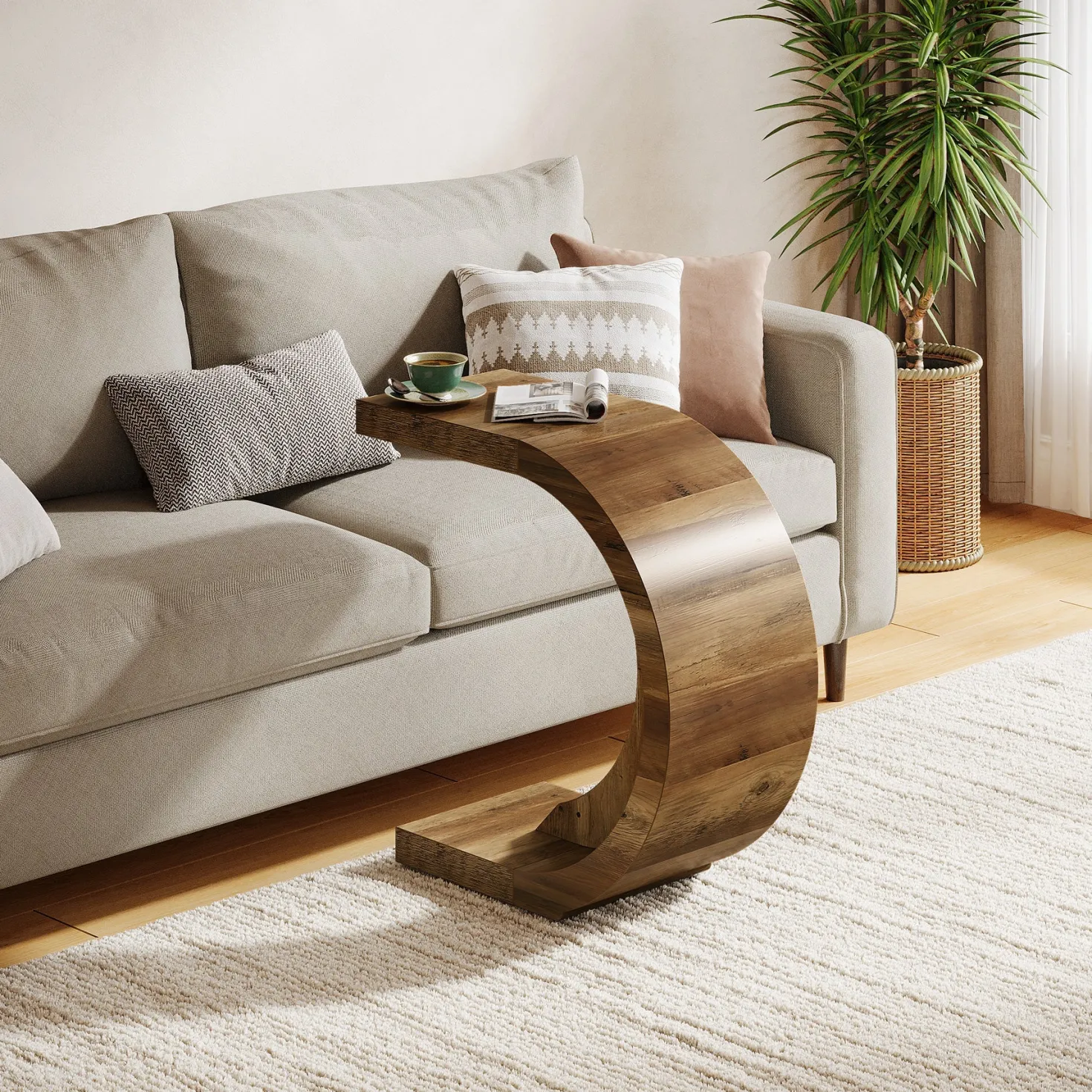 C-Shaped End Table, Wood Side Table for Couch Sofa
