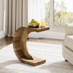 C-Shaped End Table, Wood Side Table for Couch Sofa