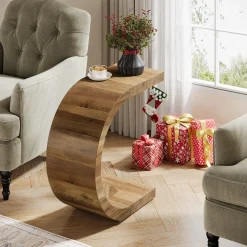 C-Shaped End Table, Wood Side Table for Couch Sofa