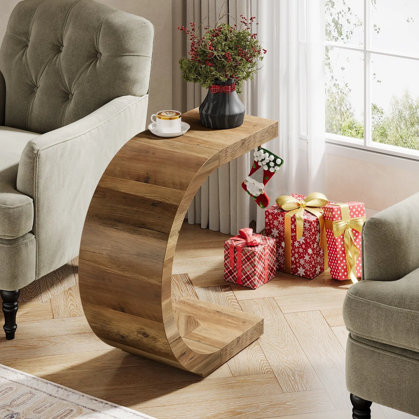 C-Shaped End Table, Wood Side Table for Couch Sofa