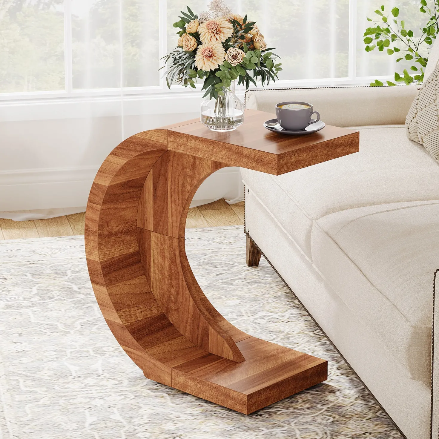 C-Shaped End Table, Wood Side Table for Couch Sofa