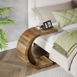 C-Shaped End Table, Wood Side Table for Couch Sofa