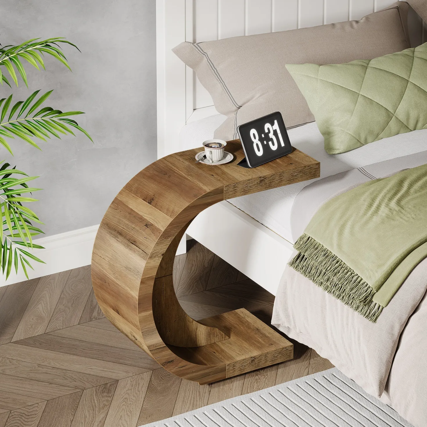 C-Shaped End Table, Wood Side Table for Couch Sofa