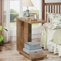 C-Shaped End Table, Wood Side Table Nightstand Bedside Table