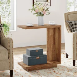 C-Shaped End Table, Wood Side Table Nightstand Bedside Table