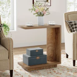 C-Shaped End Table, Wood Side Table Nightstand Bedside Table