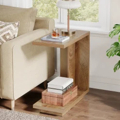 C-Shaped End Table, Wood Side Table Nightstand Bedside Table