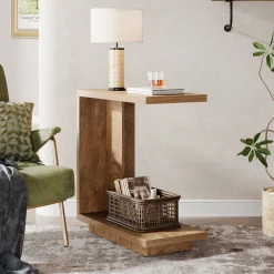 C-Shaped End Table, Wood Side Table Nightstand Bedside Table