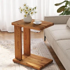 C-Shaped End Table, Wood 2-Tier Side Table Bedside Nightstand