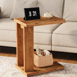 C-Shaped End Table, Wood 2-Tier Side Table Bedside Nightstand