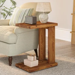 C-Shaped End Table, Wood 2-Tier Side Table Bedside Nightstand