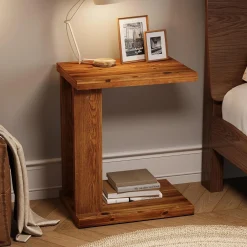 C-Shaped End Table, Wood 2-Tier Side Table Bedside Nightstand