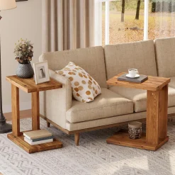 C-Shaped End Table, Wood 2-Tier Side Table Bedside Nightstand