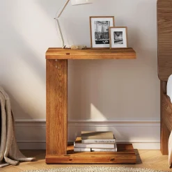 C-Shaped End Table, Wood 2-Tier Side Table Bedside Nightstand