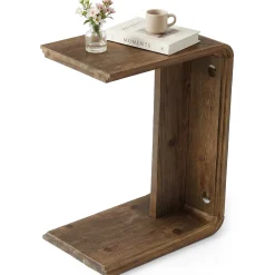 C-Shaped Solid Wood End Table for Sofa Side, Narrow Side Table for Living Room and Bedroom