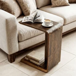 C-Shaped Solid Wood End Table for Sofa Side, Narrow Side Table for Living Room and Bedroom