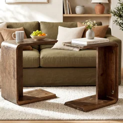 C-Shaped Solid Wood End Table for Sofa Side, Narrow Side Table for Living Room and Bedroom