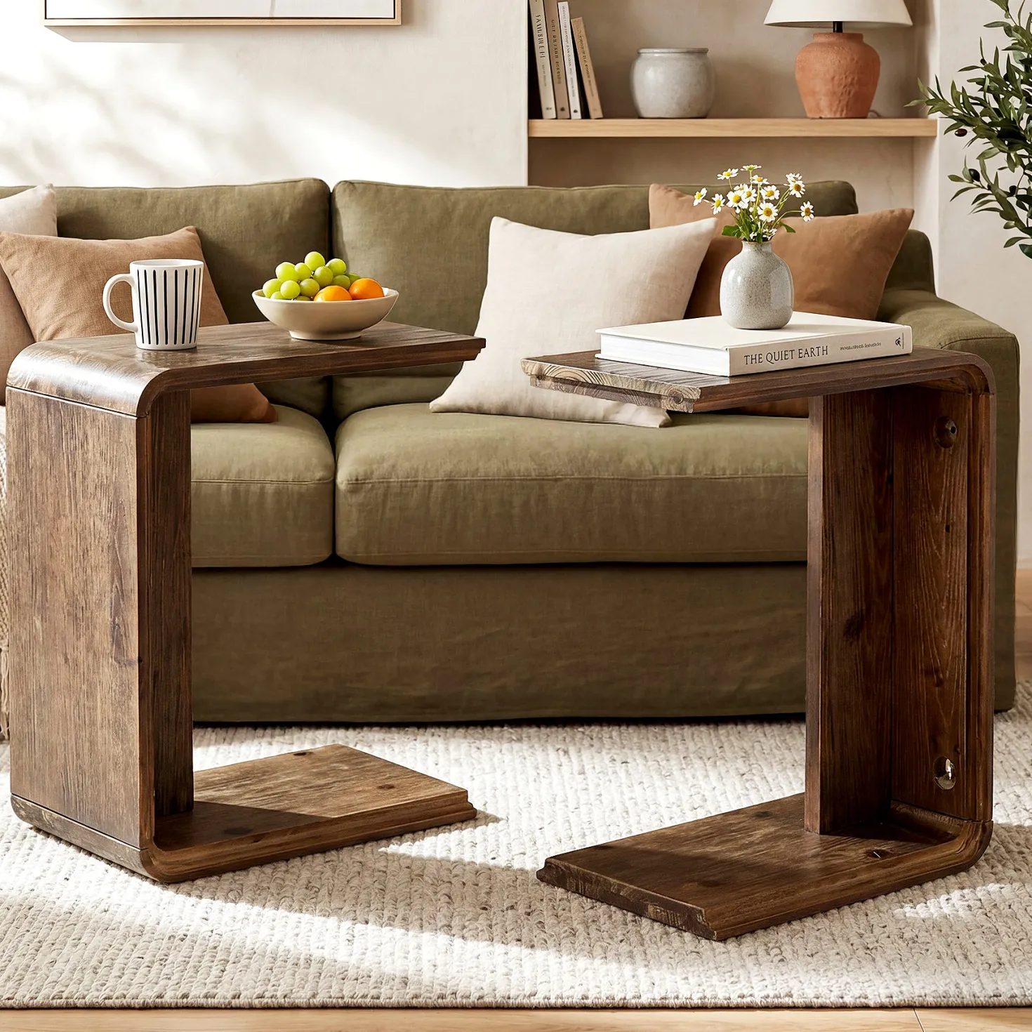 C-Shaped Solid Wood End Table for Sofa Side, Narrow Side Table for Living Room and Bedroom