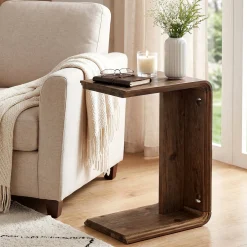 C-Shaped Solid Wood End Table for Sofa Side, Narrow Side Table for Living Room and Bedroom
