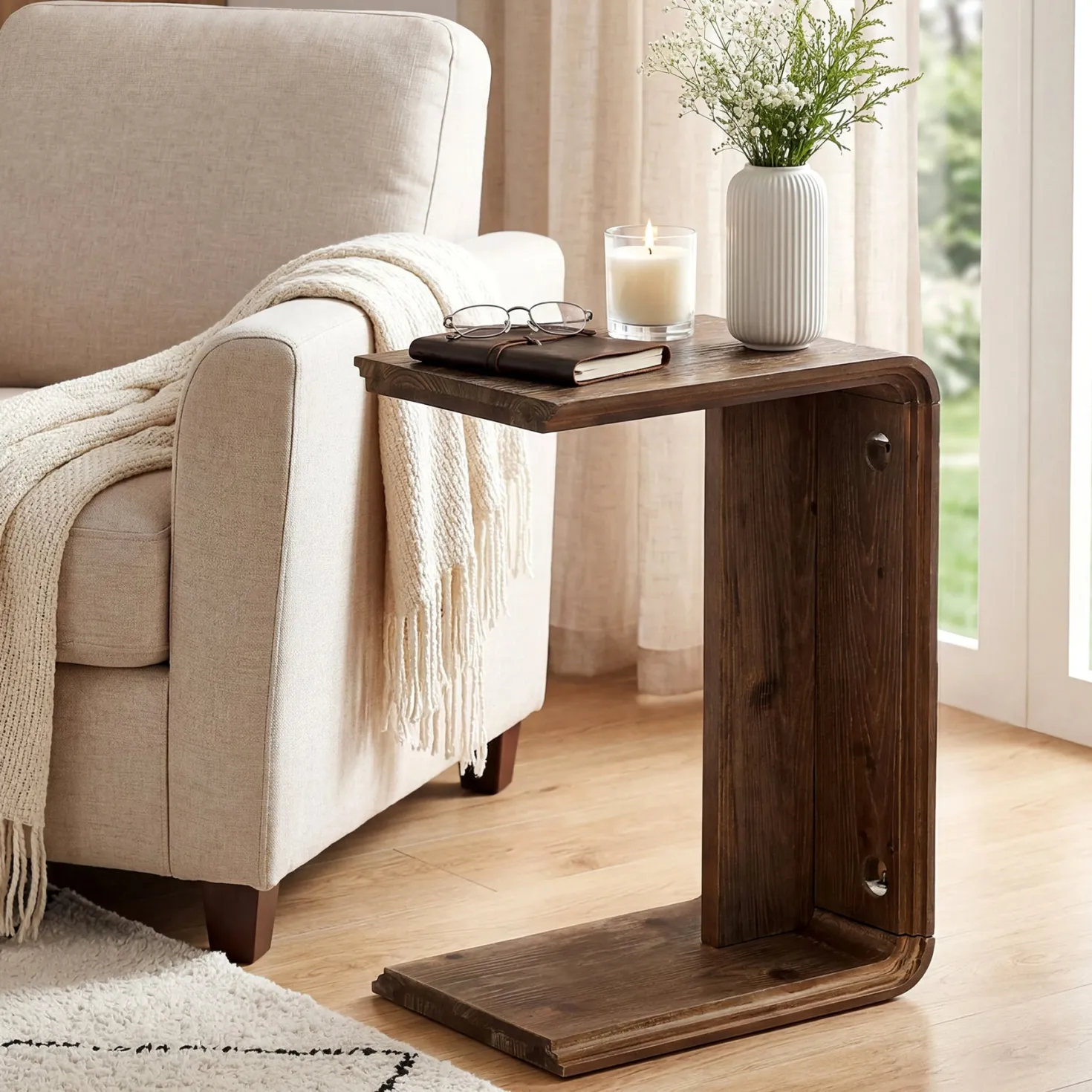 C-Shaped Solid Wood End Table for Sofa Side, Narrow Side Table for Living Room and Bedroom