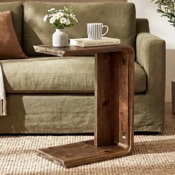 C-Shaped Solid Wood End Table for Sofa Side, Narrow Side Table for Living Room and Bedroom