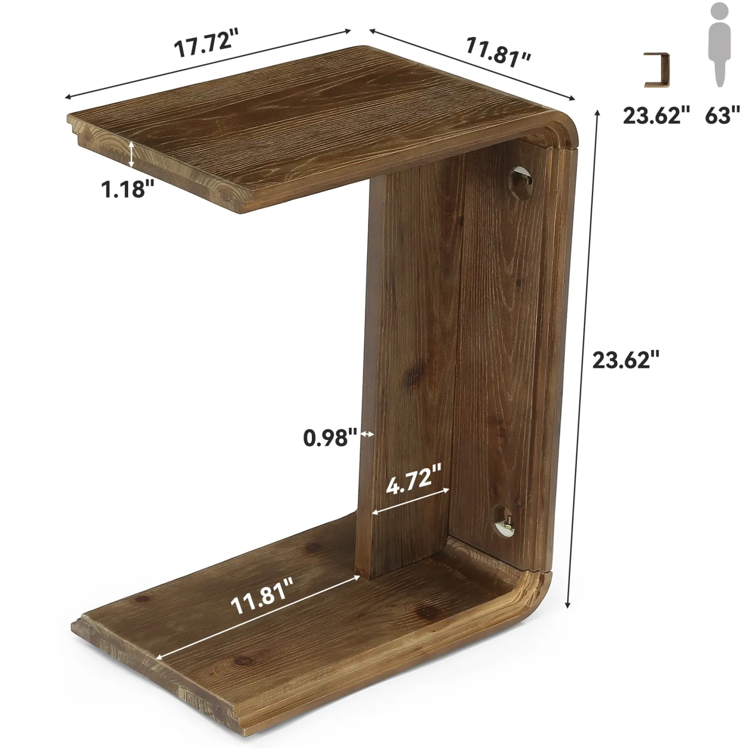 C-Shaped Solid Wood End Table for Sofa Side, Narrow Side Table for Living Room and Bedroom