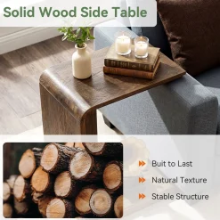 C-Shaped Solid Wood End Table for Sofa Side, Narrow Side Table for Living Room and Bedroom