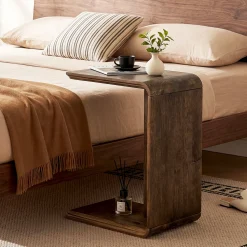 C-Shaped Solid Wood End Table for Sofa Side, Narrow Side Table for Living Room and Bedroom