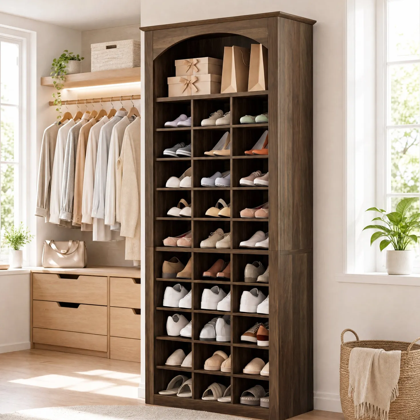 30-Cube Shoe Rack, 68.9" Shoe Cabinet with Arched Display Shelf for Entryway