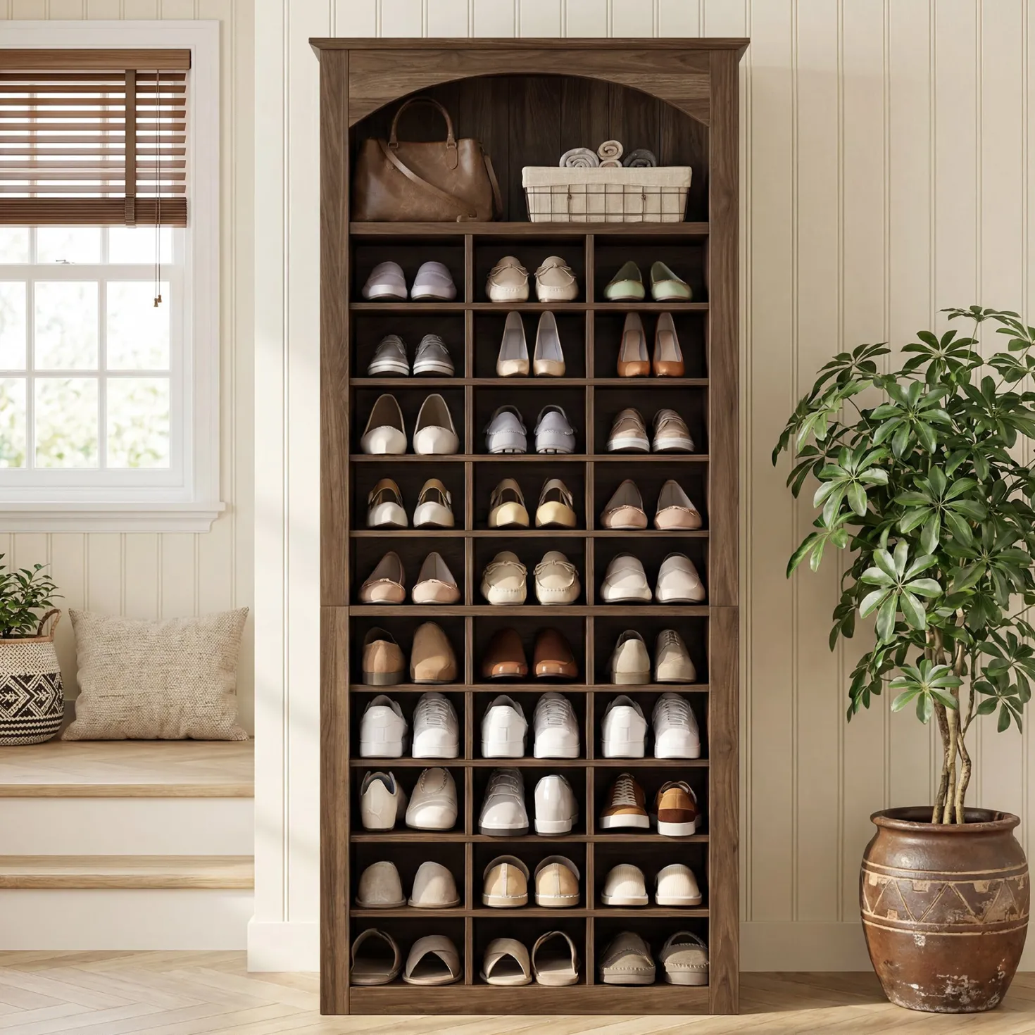 30-Cube Shoe Rack, 68.9" Shoe Cabinet with Arched Display Shelf for Entryway