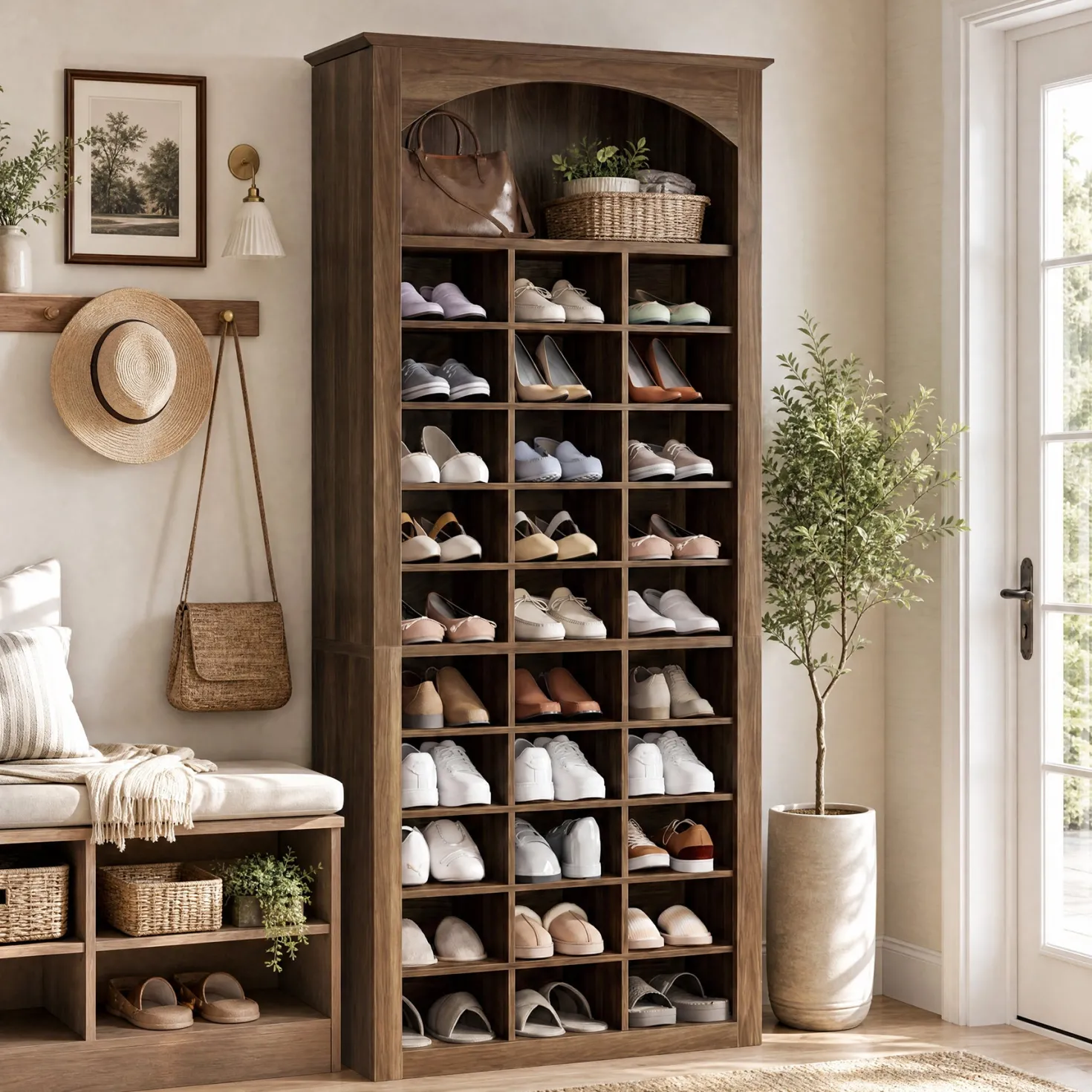 30-Cube Shoe Rack, 68.9" Shoe Cabinet with Arched Display Shelf for Entryway
