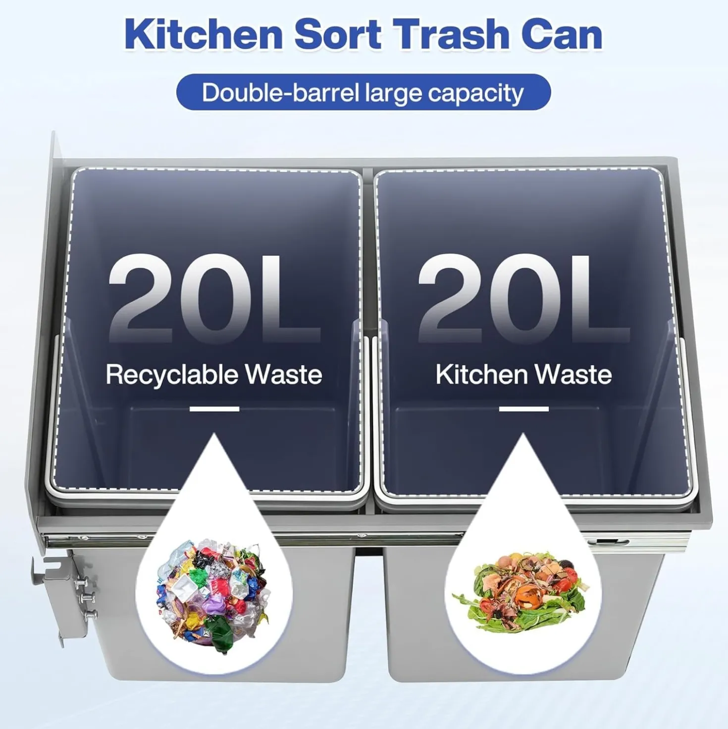 Double Pull Out Trash Can, Garbage for Under Kitchen Cabinets 44 Qt with Soft-Close Slides