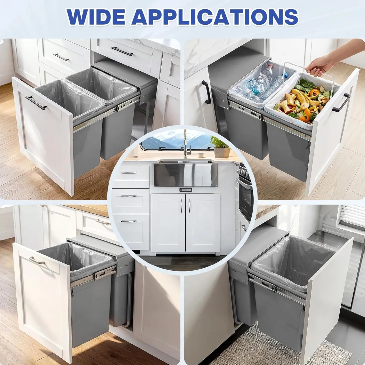 Double Pull Out Trash Can, Garbage for Under Kitchen Cabinets 44 Qt with Soft-Close Slides
