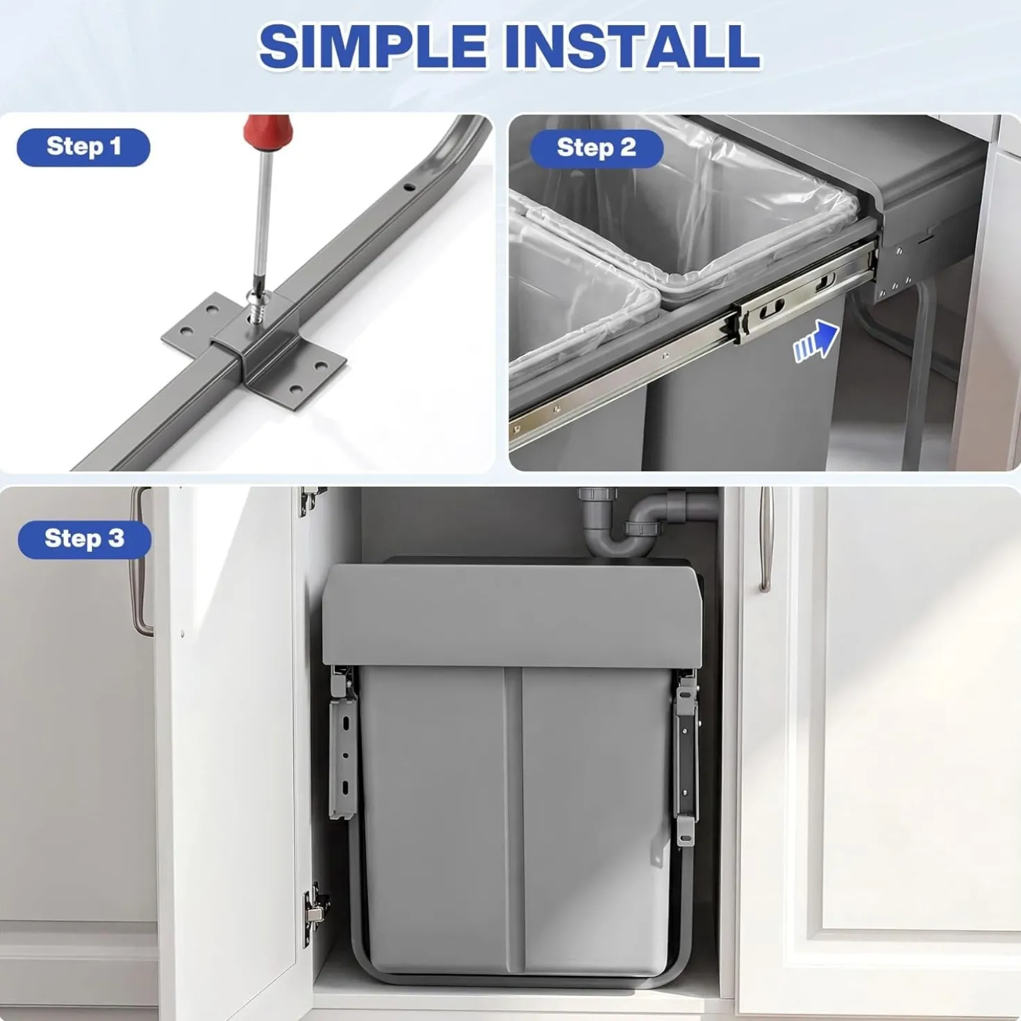 Double Pull Out Trash Can, Garbage for Under Kitchen Cabinets 44 Qt with Soft-Close Slides