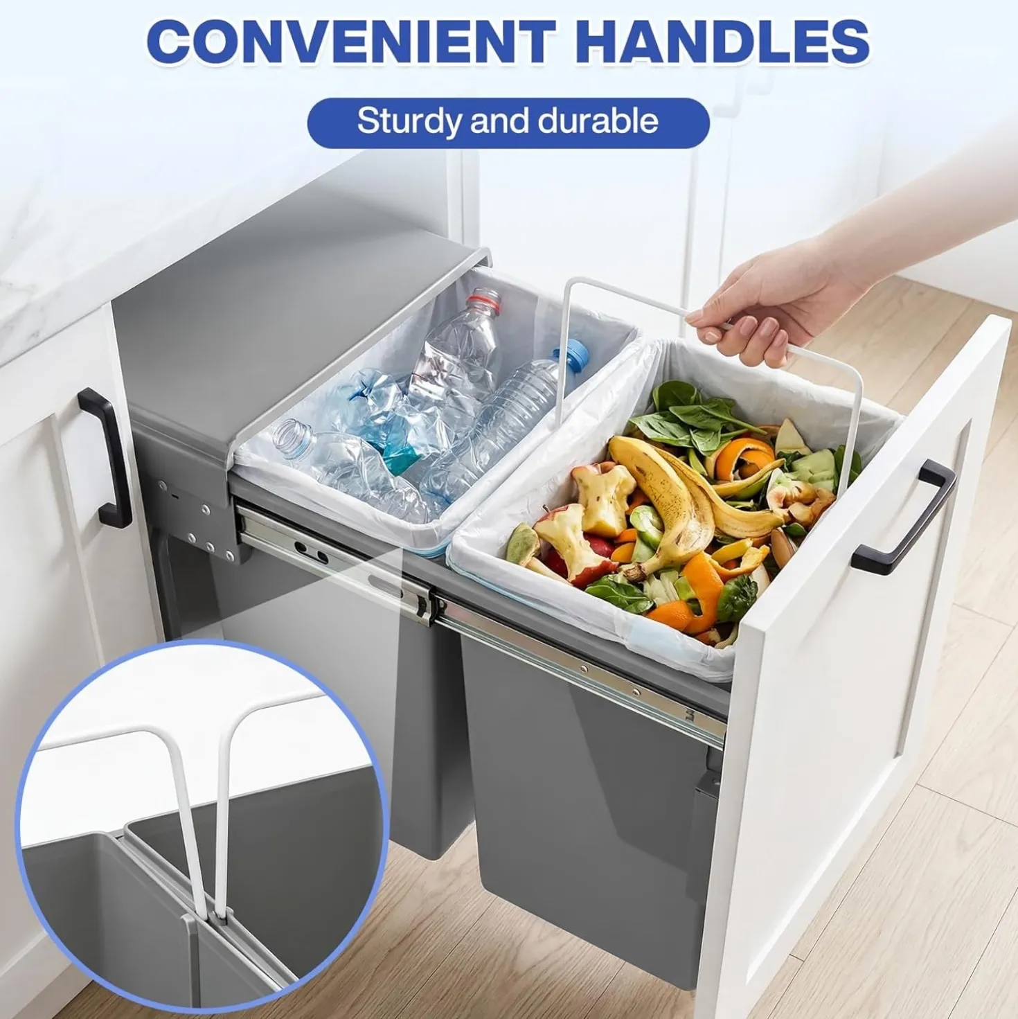 Double Pull Out Trash Can, Garbage for Under Kitchen Cabinets 44 Qt with Soft-Close Slides
