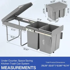 Double Pull Out Trash Can, Garbage for Under Kitchen Cabinets 44 Qt with Soft-Close Slides