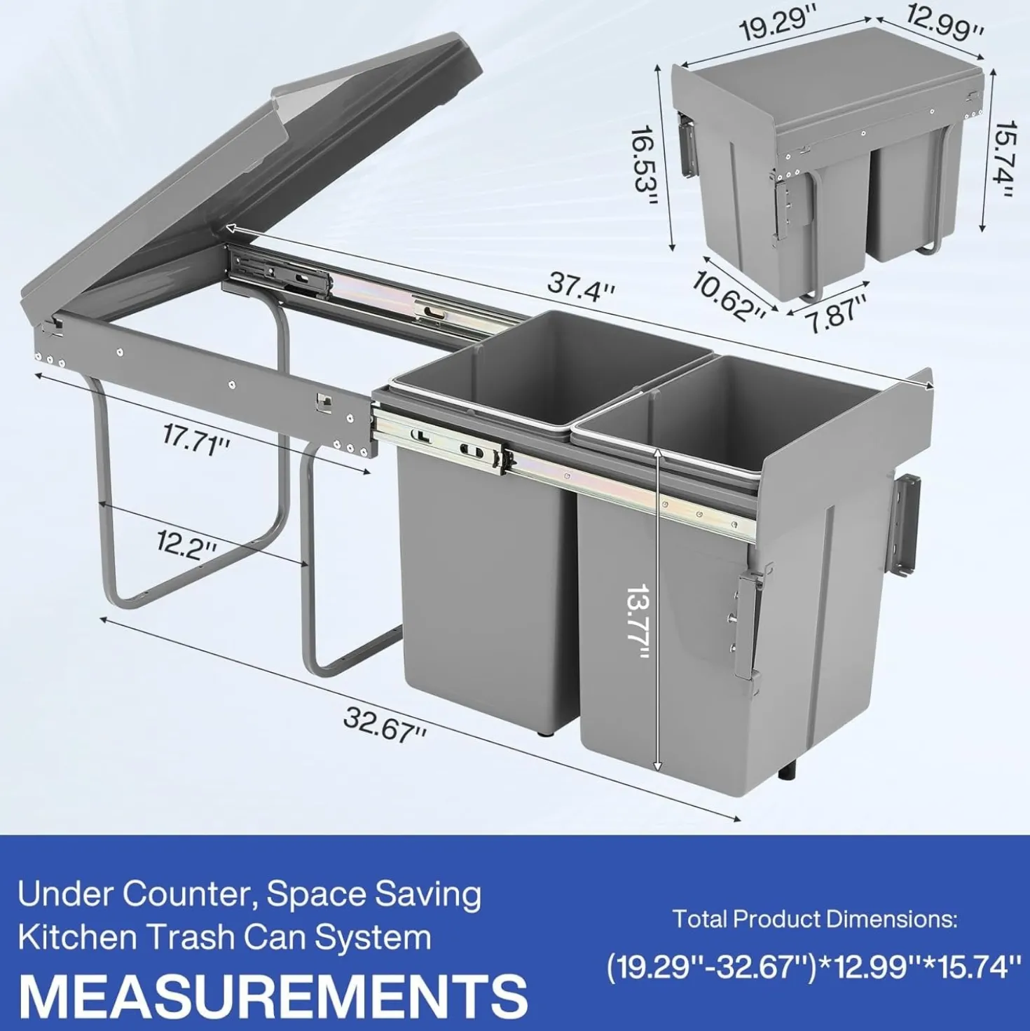 Double Pull Out Trash Can, Garbage for Under Kitchen Cabinets 44 Qt with Soft-Close Slides