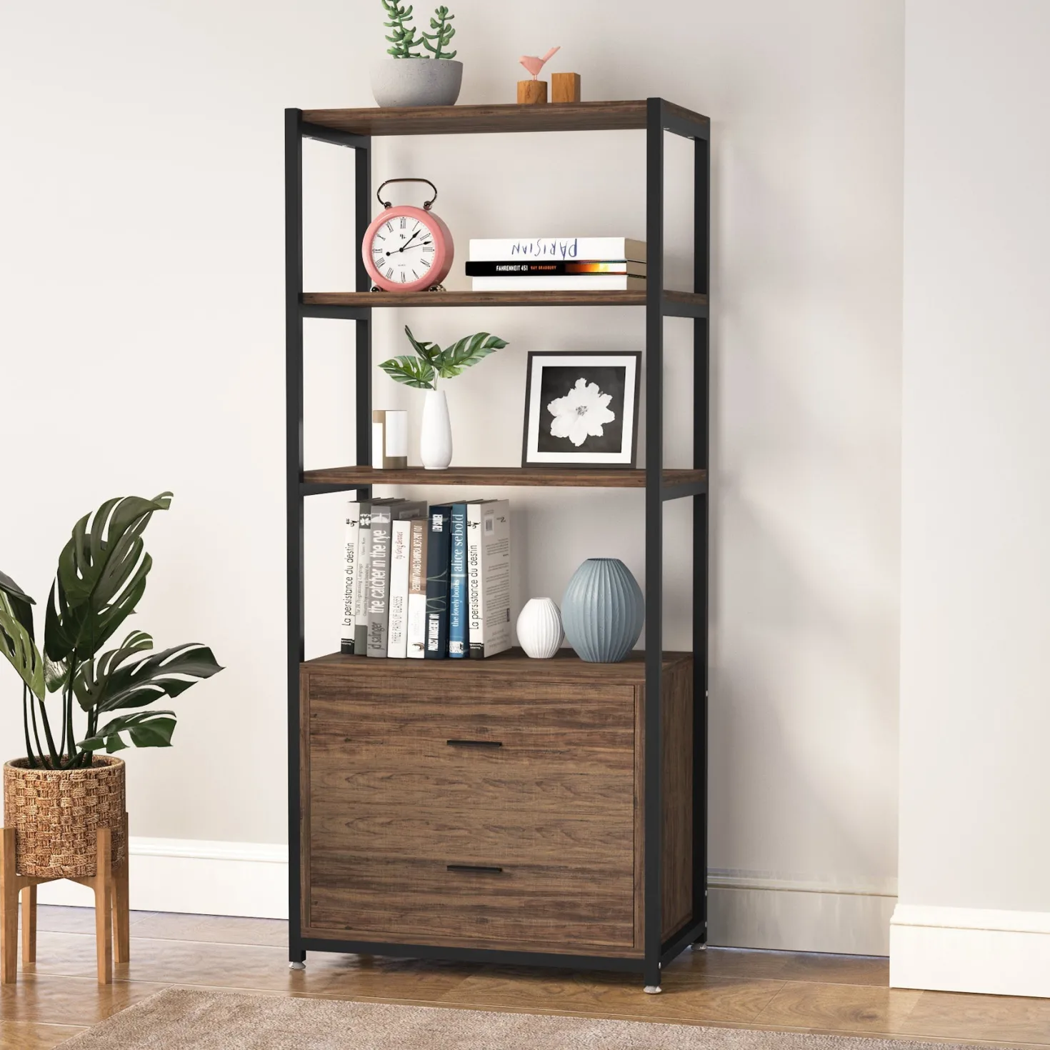 2-Drawer Bookshelf Etagere Bookcase with Open Shelves