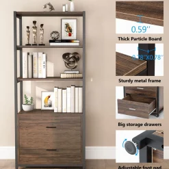 2-Drawer Bookshelf Etagere Bookcase with Open Shelves