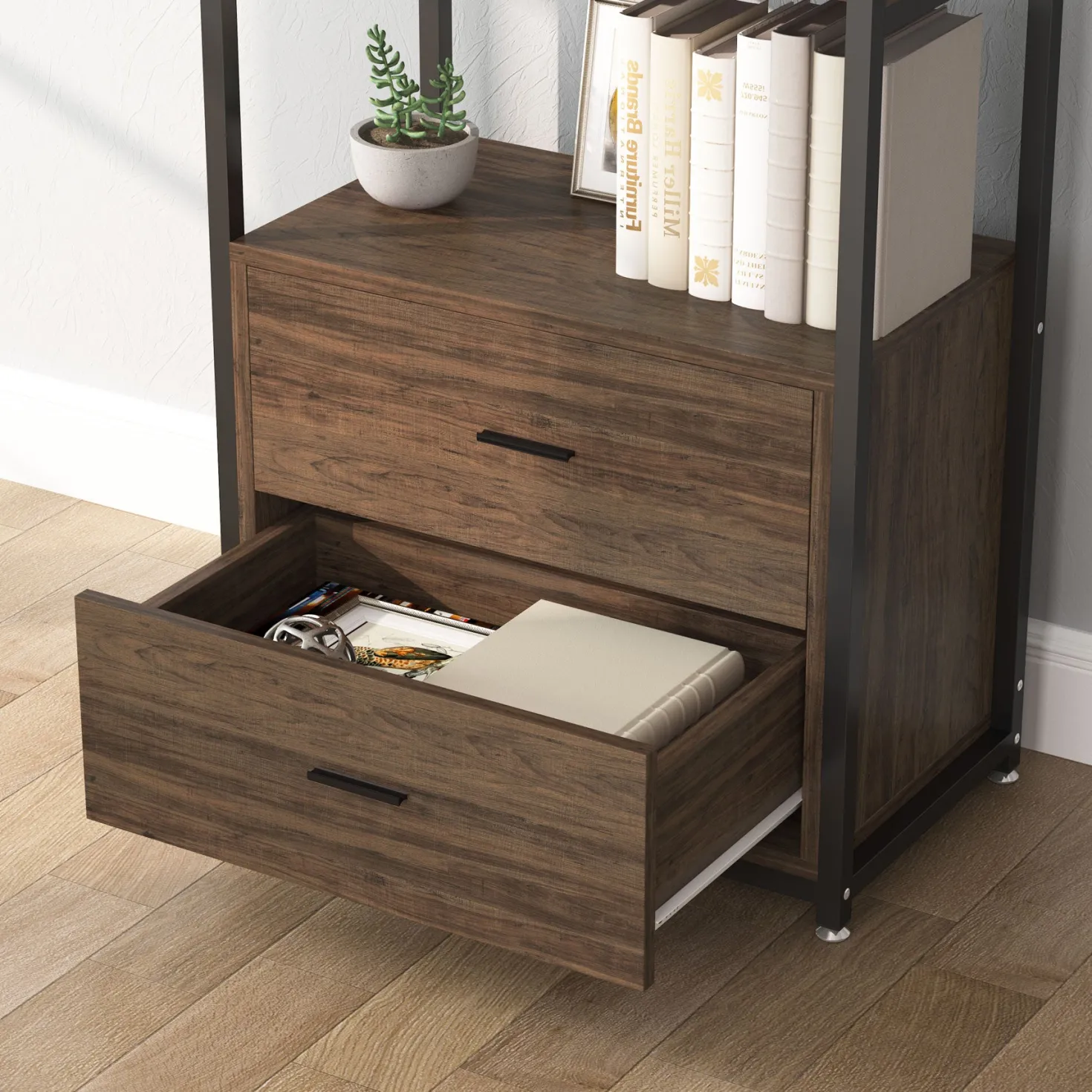 2-Drawer Bookshelf Etagere Bookcase with Open Shelves