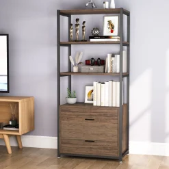 2-Drawer Bookshelf Etagere Bookcase with Open Shelves