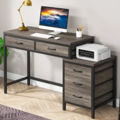 5-Drawer Computer Desk, Study Writing Table with Reversible Drawer Cabinet