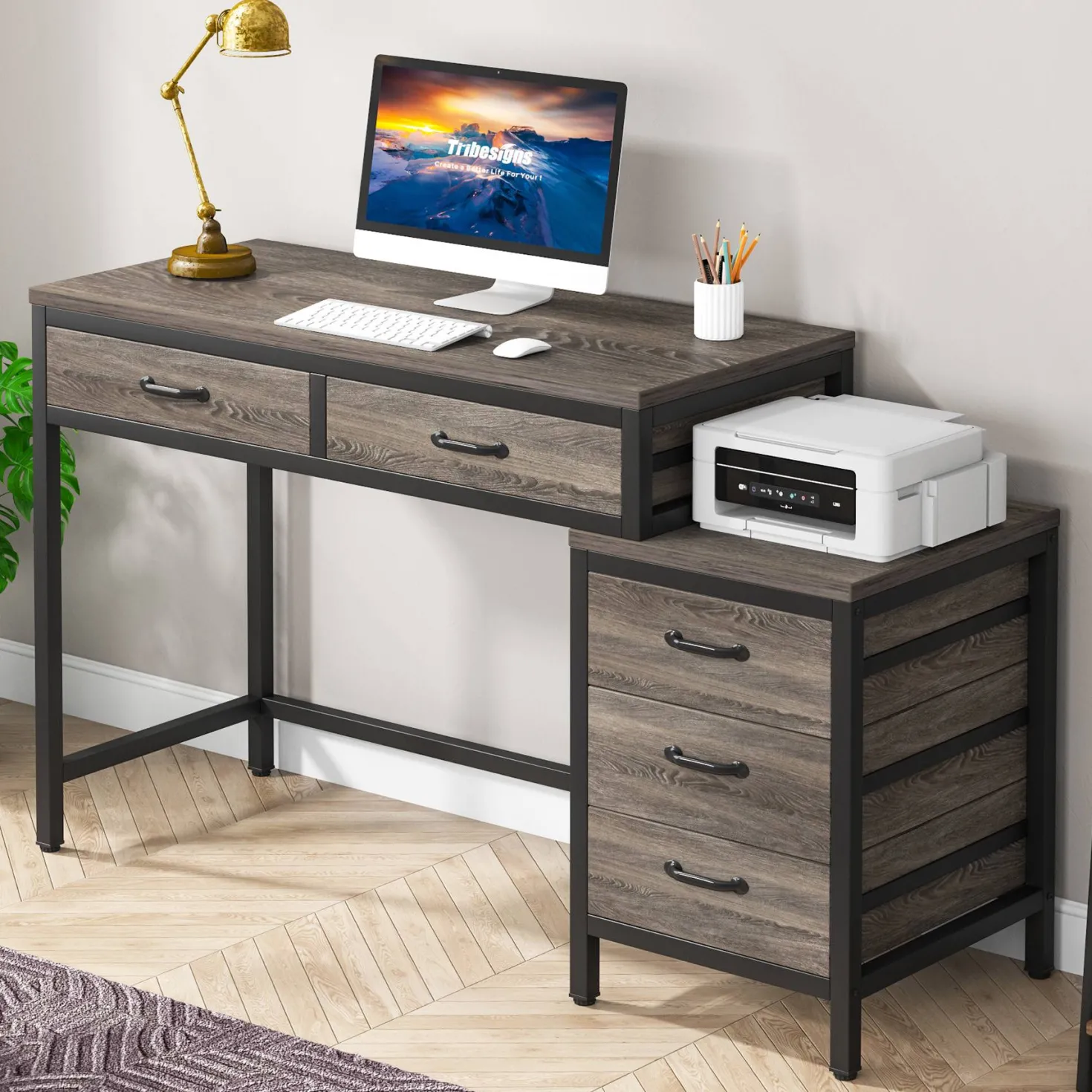 5-Drawer Computer Desk, Study Writing Table with Reversible Drawer Cabinet