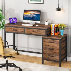 5-Drawer Computer Desk, Study Writing Table with Reversible Drawer Cabinet