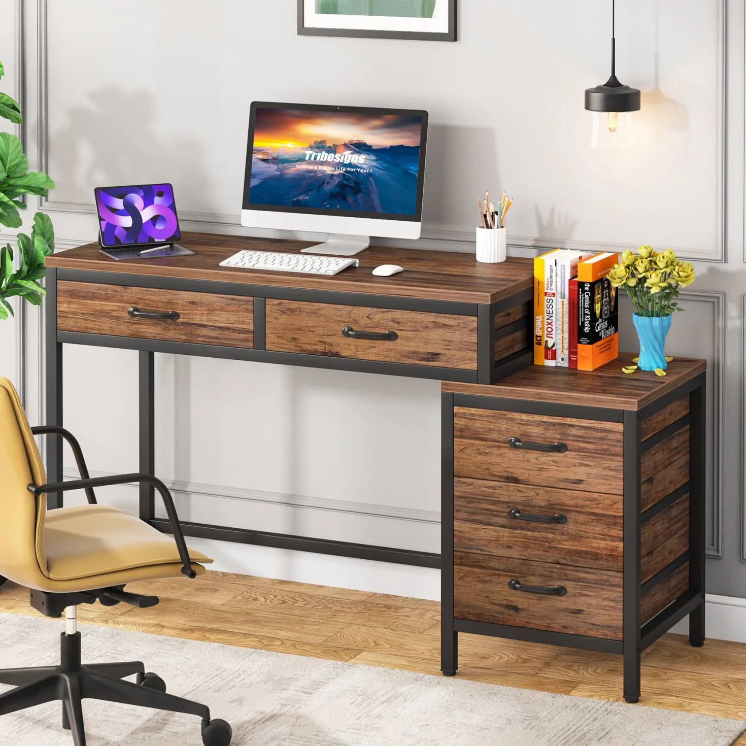 5-Drawer Computer Desk, Study Writing Table with Reversible Drawer Cabinet